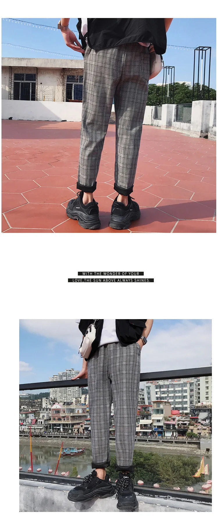EP'S Mens Black Harajuku Plaid Pants