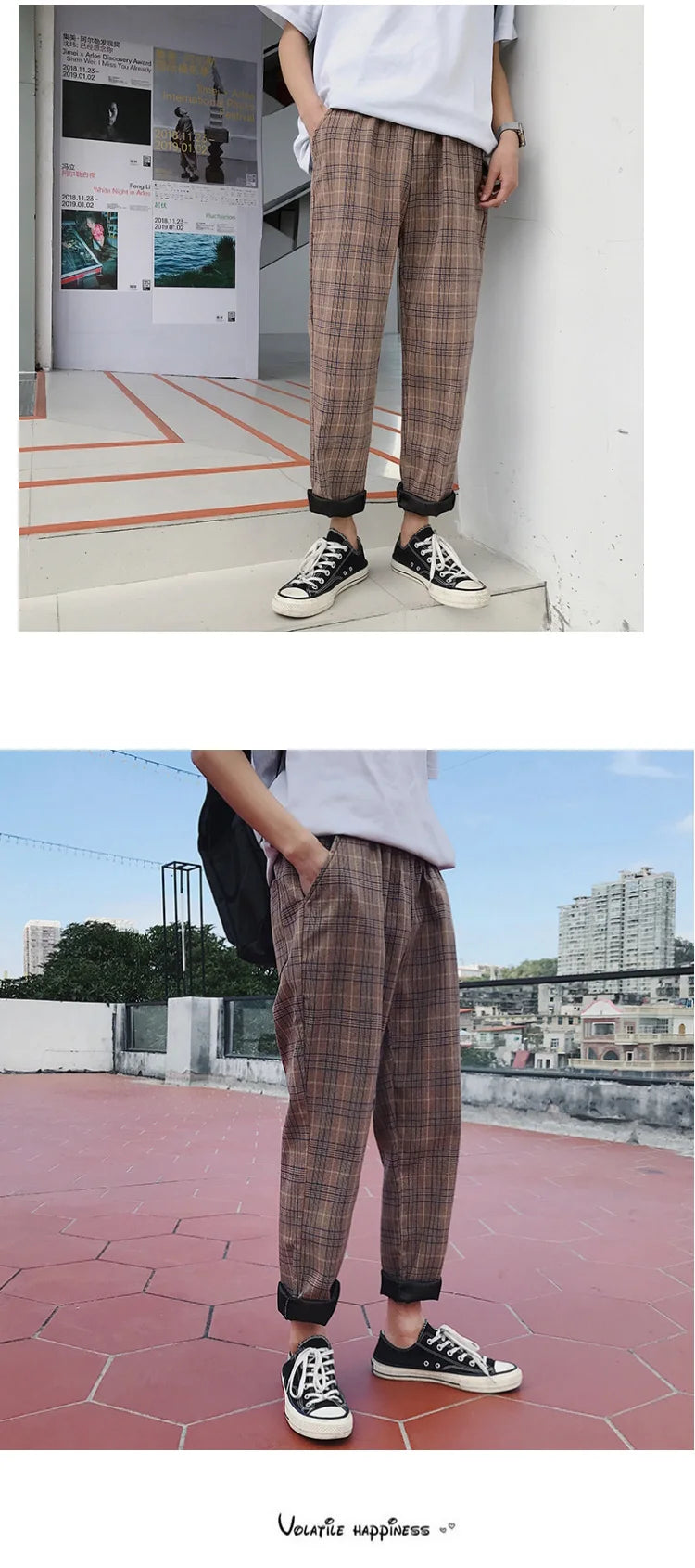 EP'S Mens Black Harajuku Plaid Pants