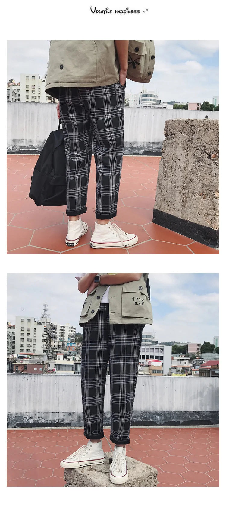 EP'S Mens Black Harajuku Plaid Pants