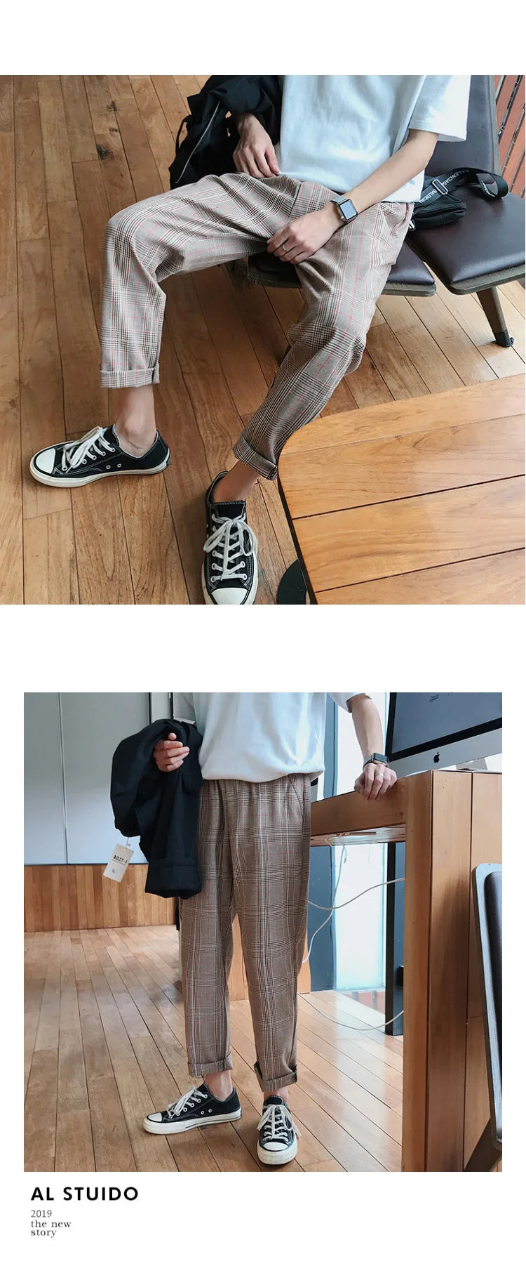 EP'S Mens Black Harajuku Plaid Pants