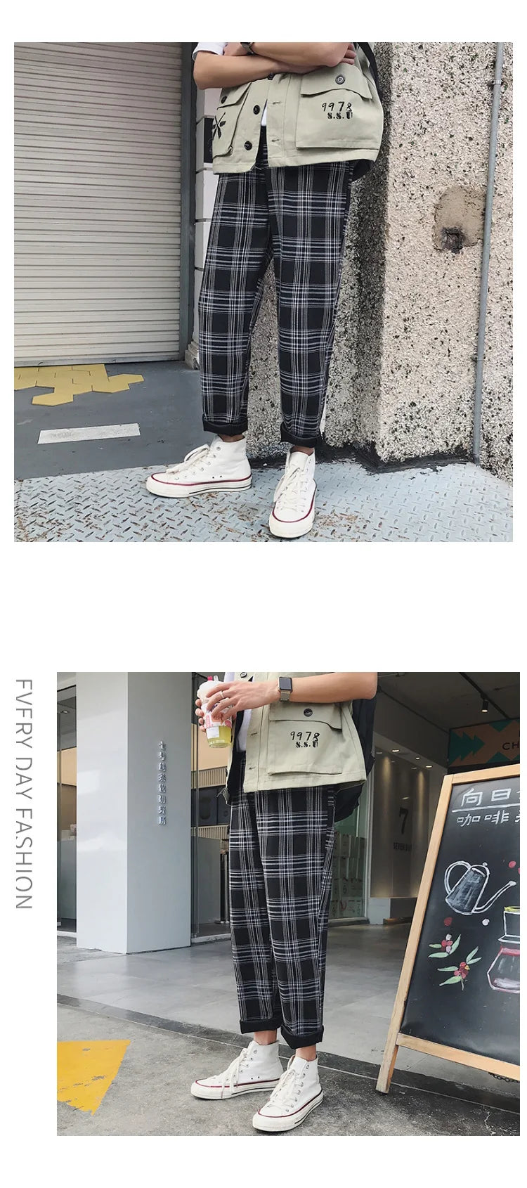 EP'S Mens Black Harajuku Plaid Pants