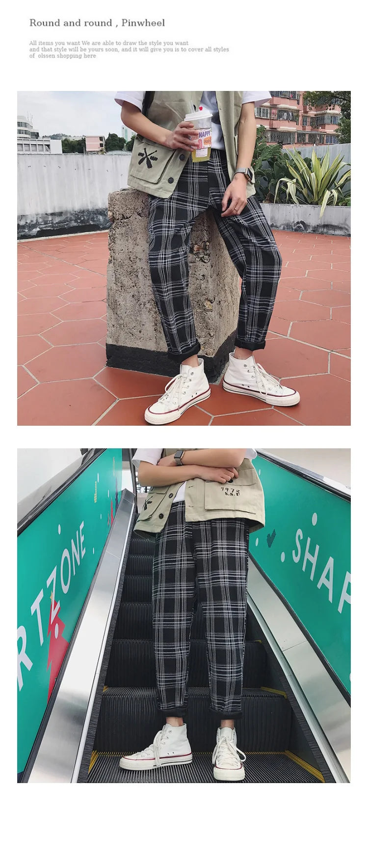 EP'S Mens Black Harajuku Plaid Pants