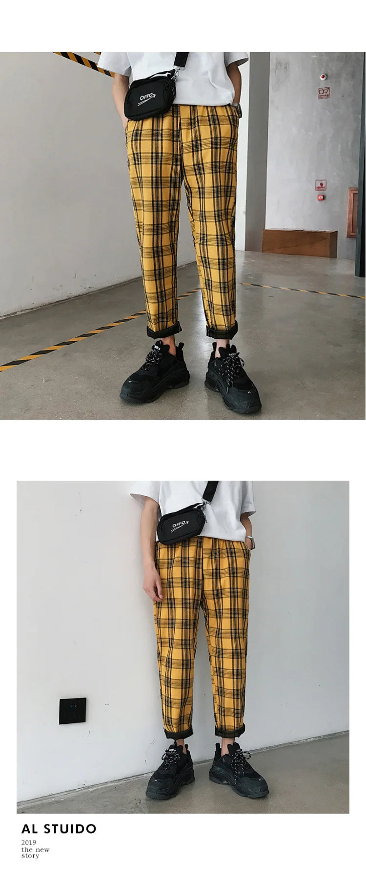 EP'S Mens Black Harajuku Plaid Pants