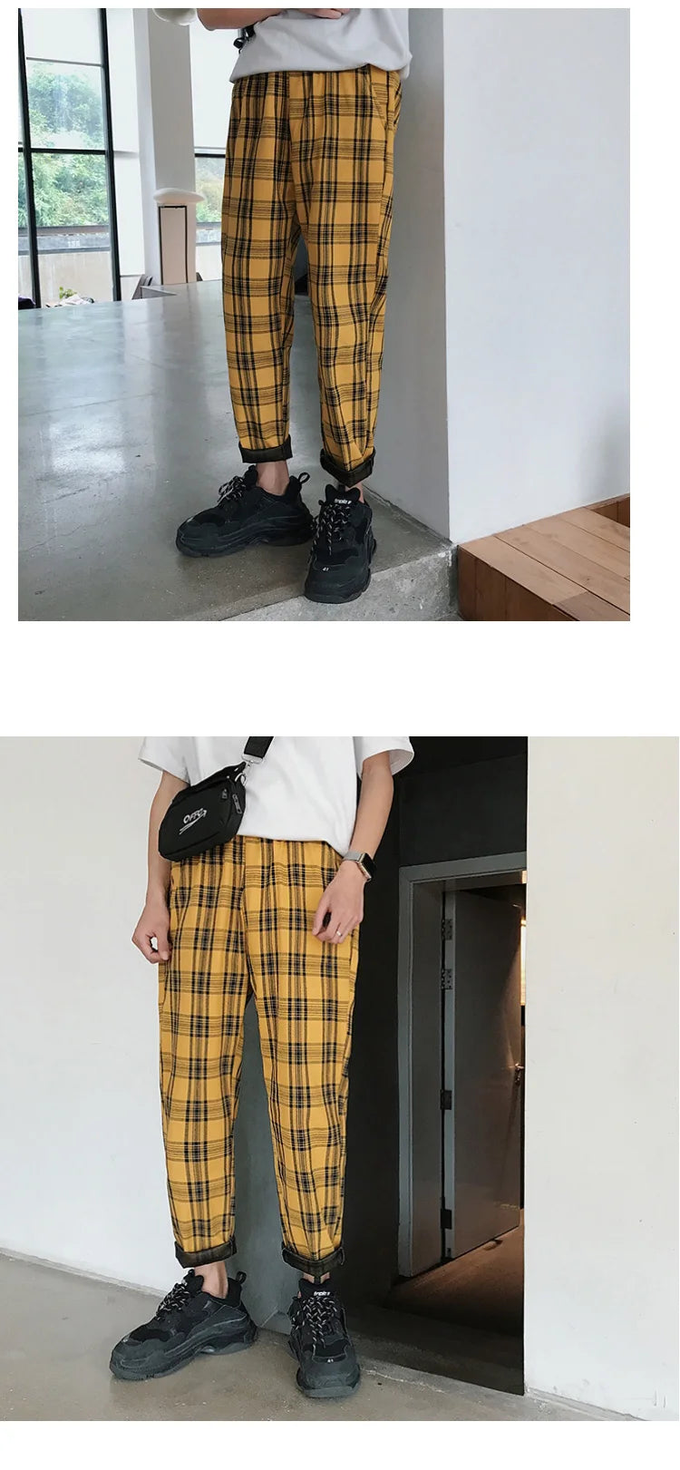 EP'S Mens Black Harajuku Plaid Pants