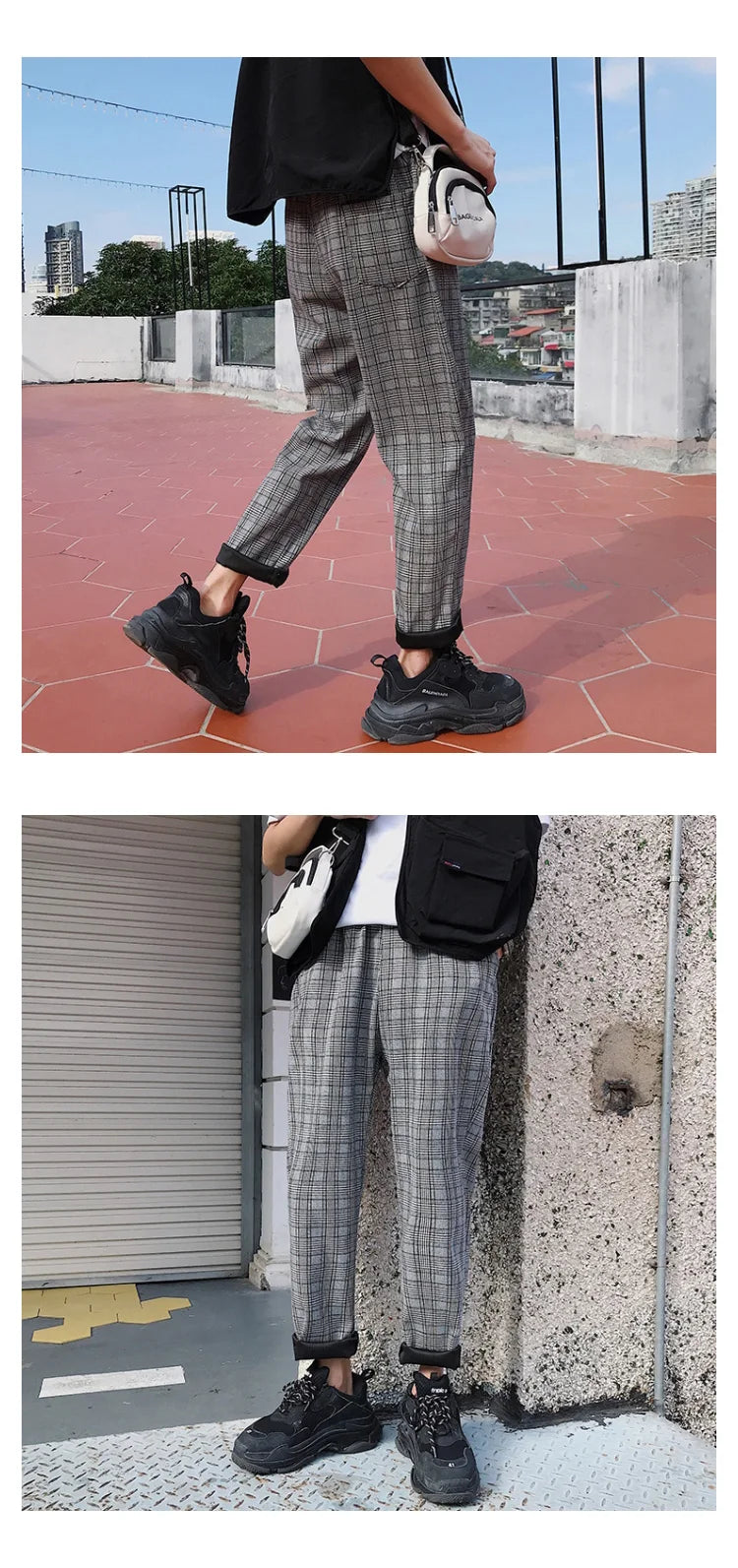 EP'S Mens Black Harajuku Plaid Pants