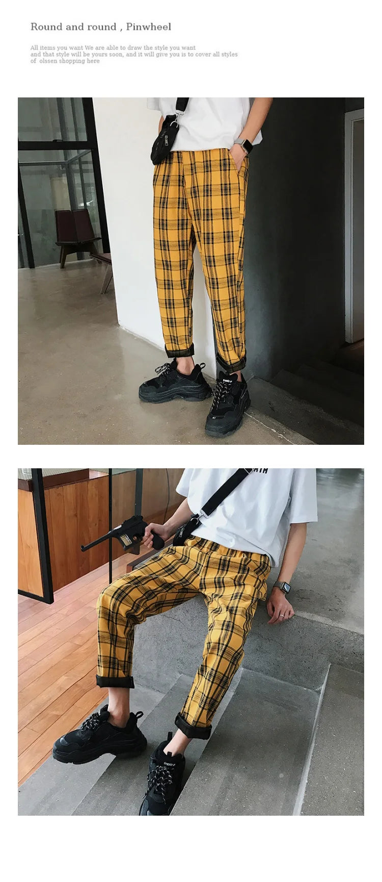 EP'S Mens Black Harajuku Plaid Pants