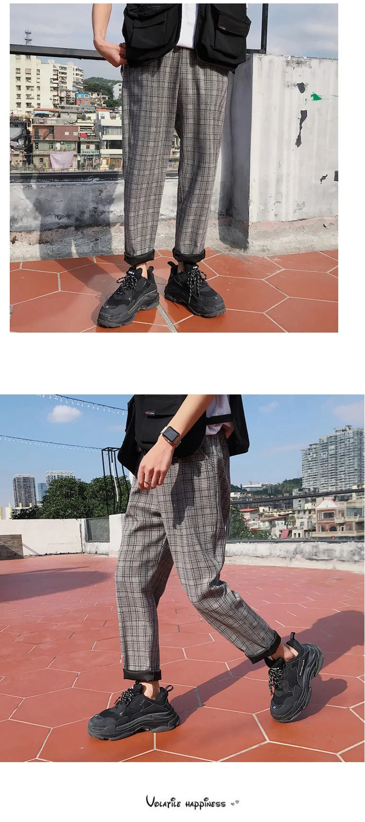 EP'S Mens Black Harajuku Plaid Pants