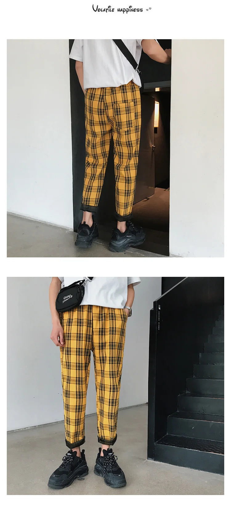 EP'S Mens Black Harajuku Plaid Pants