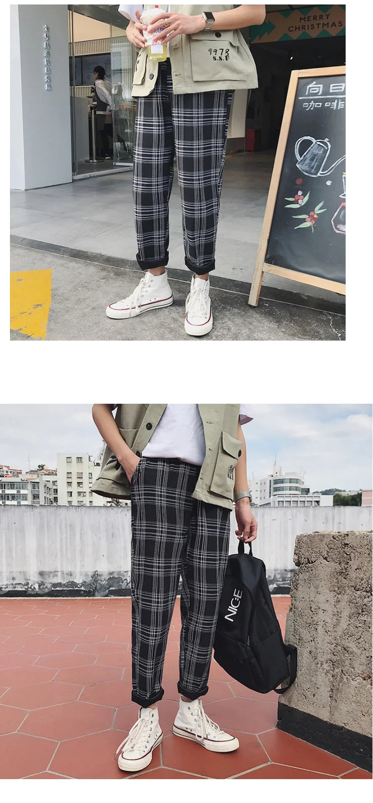 EP'S Mens Black Harajuku Plaid Pants