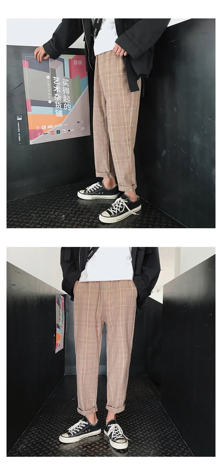 EP'S Mens Black Harajuku Plaid Pants