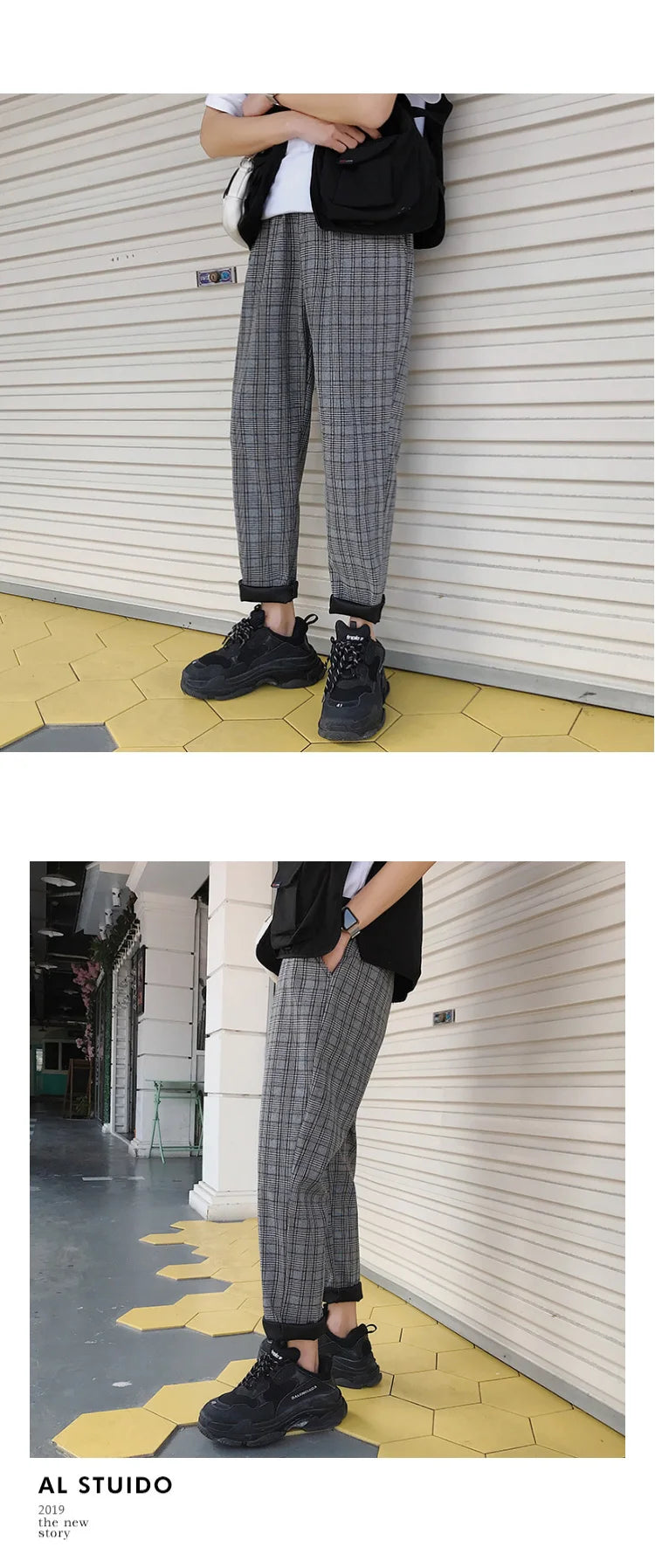 EP'S Mens Black Harajuku Plaid Pants