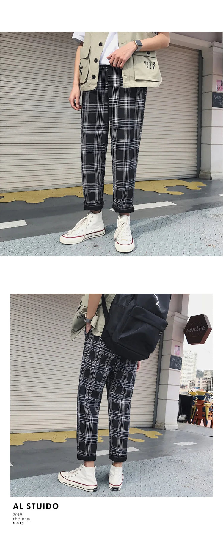 EP'S Mens Black Harajuku Plaid Pants