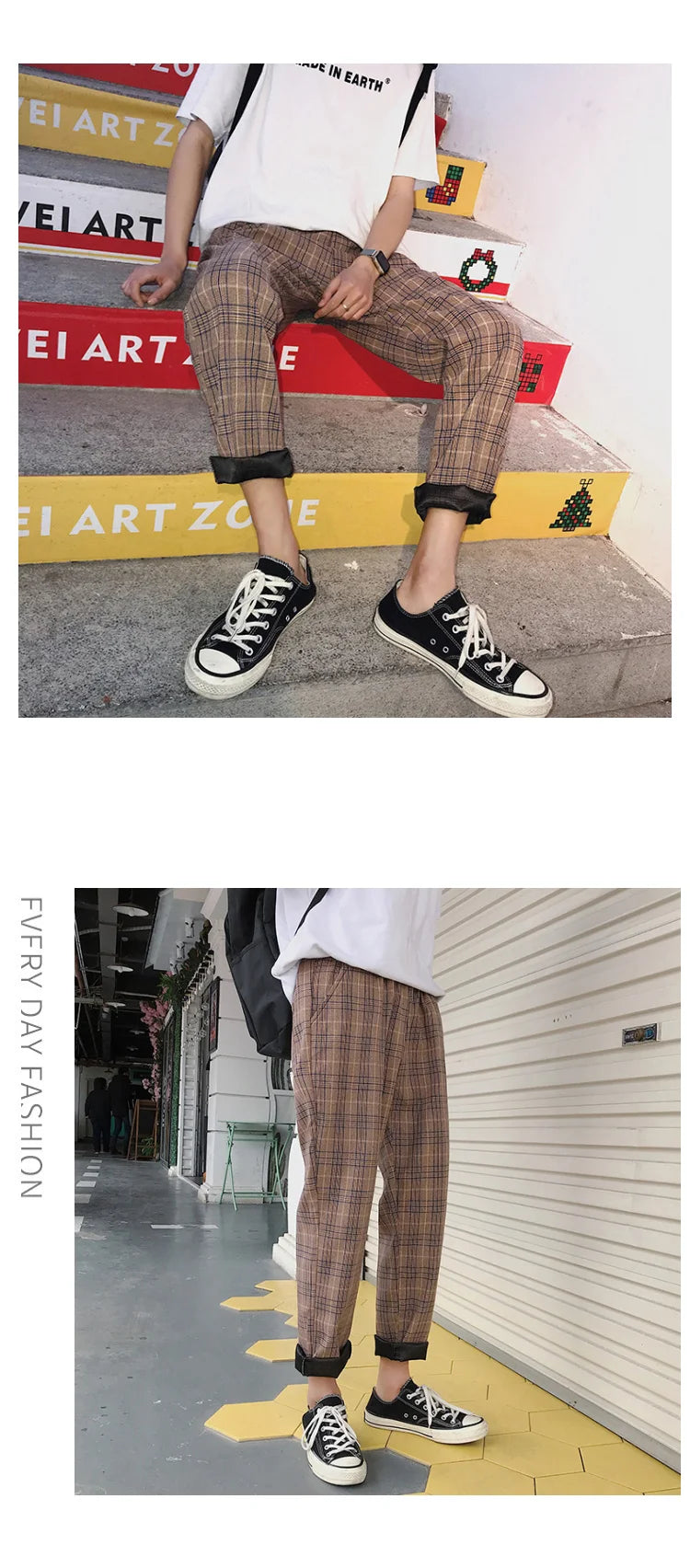 EP'S Mens Black Harajuku Plaid Pants