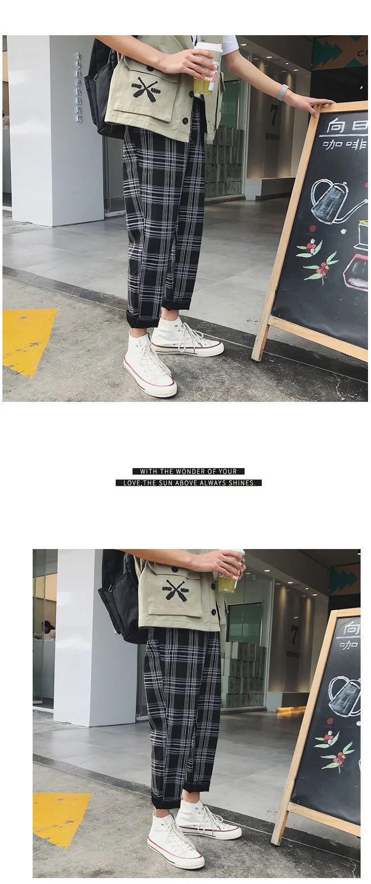 EP'S Mens Black Harajuku Plaid Pants