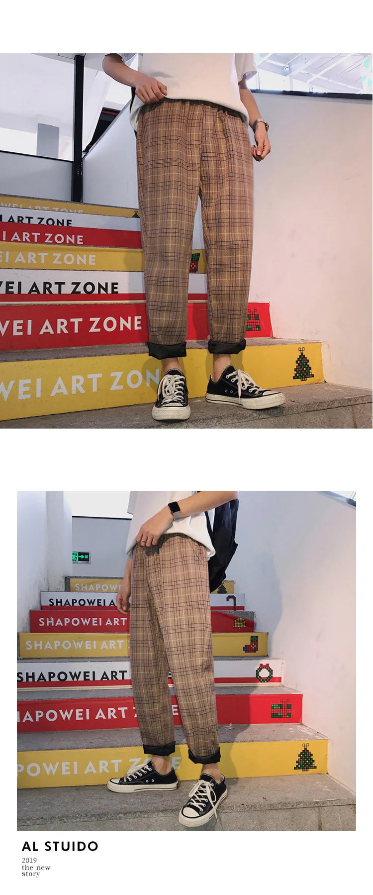 EP'S Mens Black Harajuku Plaid Pants