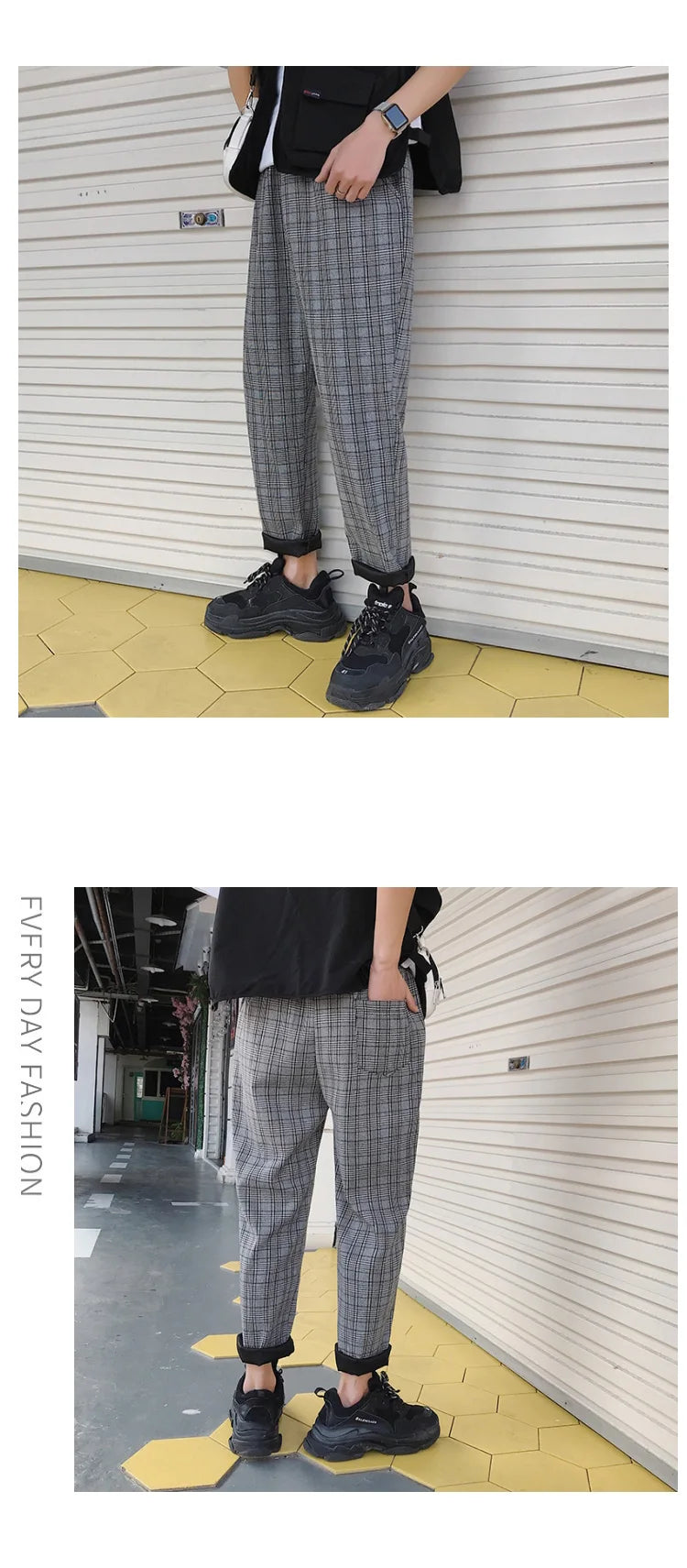 EP'S Mens Black Harajuku Plaid Pants