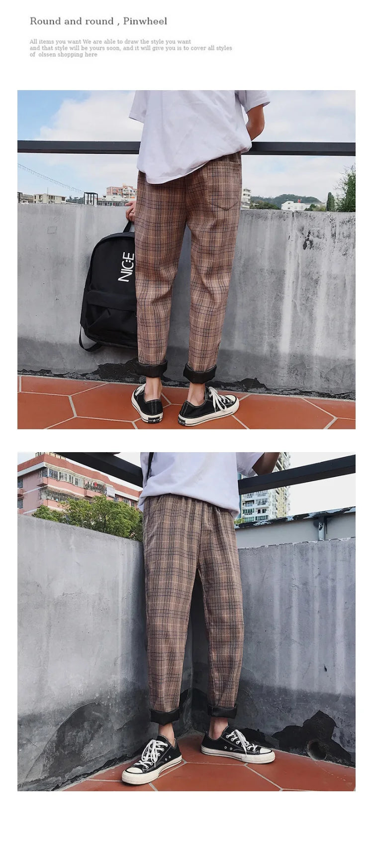 EP'S Mens Black Harajuku Plaid Pants