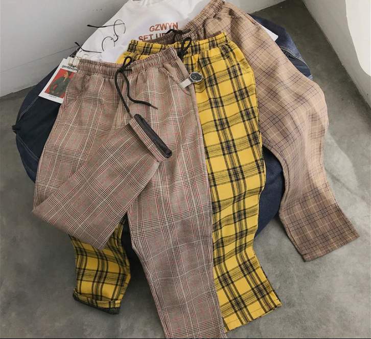 EP'S Mens Black Harajuku Plaid Pants